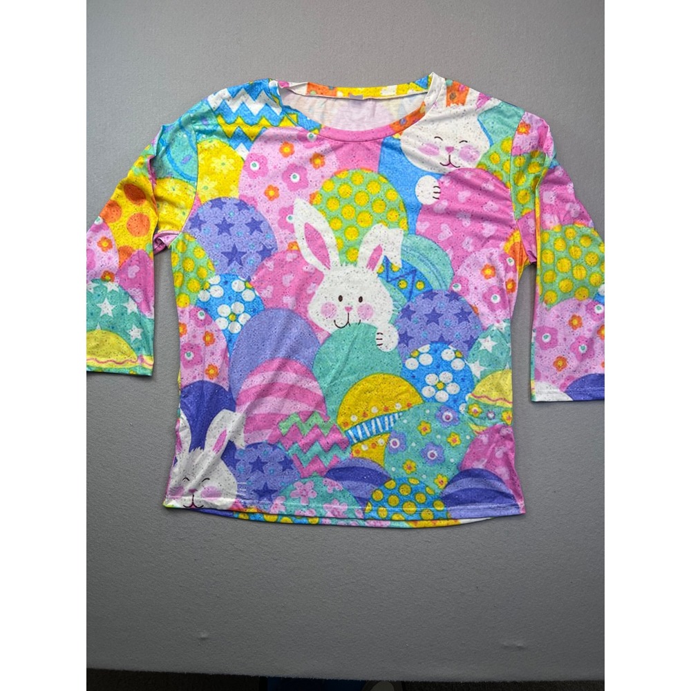 Womens Easter Bunny Egg Print 3/4 Sleeve Graphic‎ Top Multicolor Holiday Fun 3XL